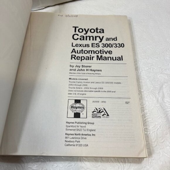 Toyota Camry Haynes Automotive Repair Manual : 2002 Thru 2006 - Picture 3 of 7